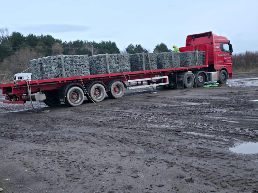 Prefilled gabion retaining wall under construction at Shawfair